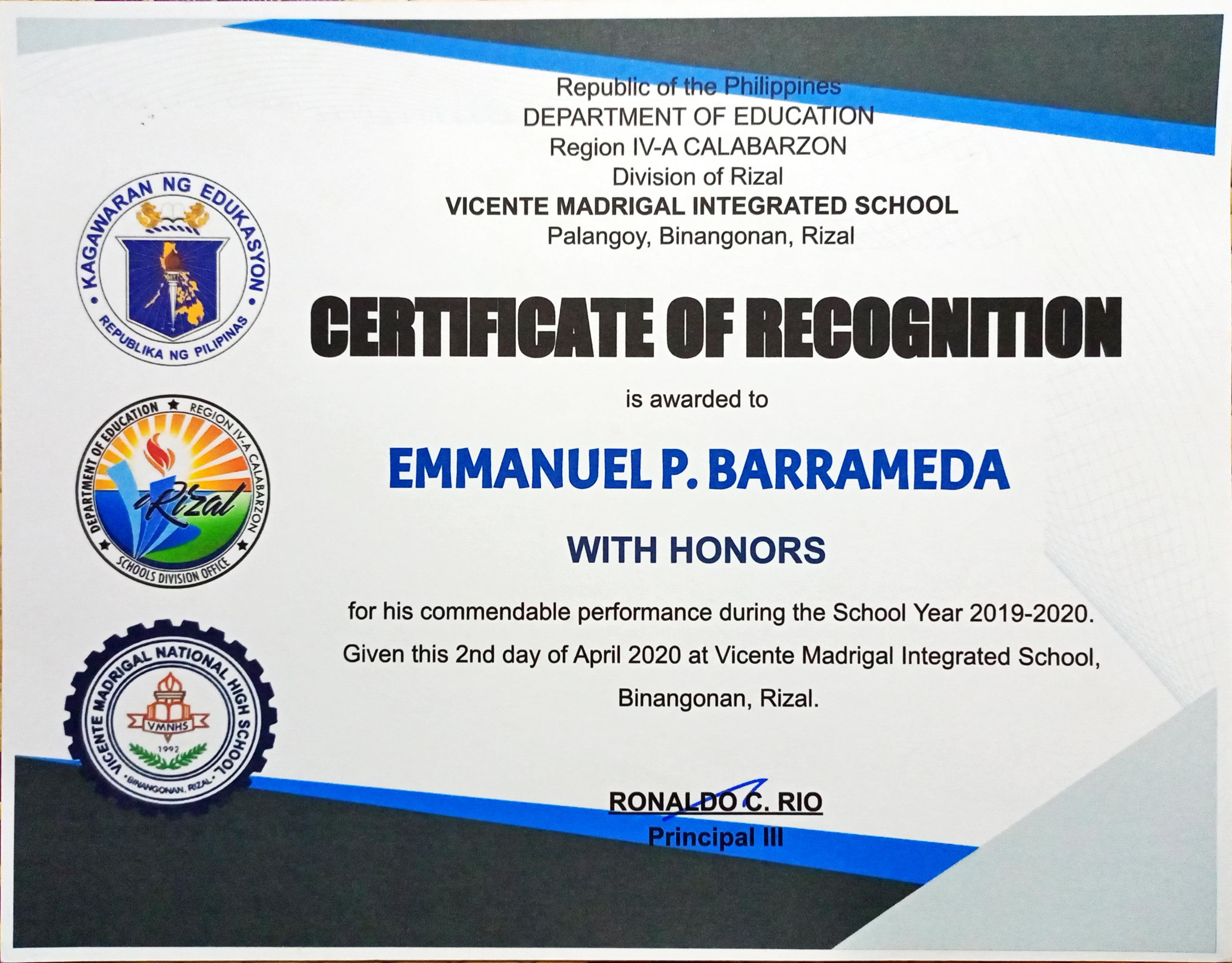 SHS WITH HONOR Certificate